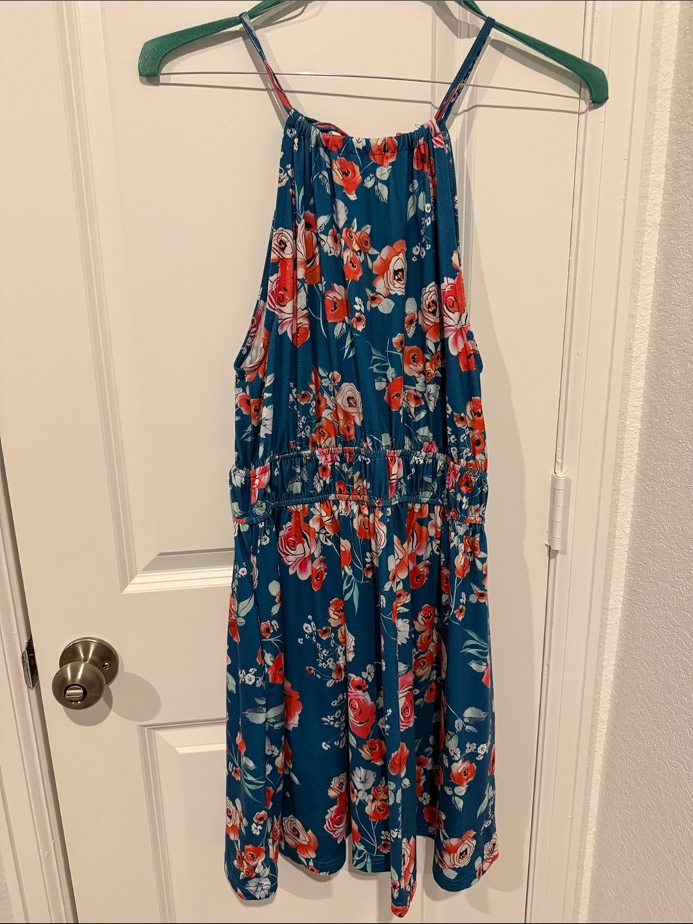 Teal Floral Halter Dress with Orange & White Blooms Sz L